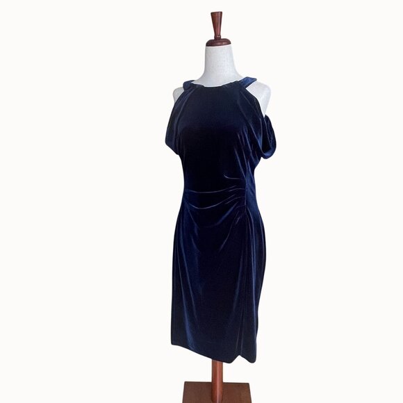 Ralph Lauren Blue Stretch Velvet Off Shoulder Midi Sheath Cocktail Dress Size 8 - Picture 7 of 11